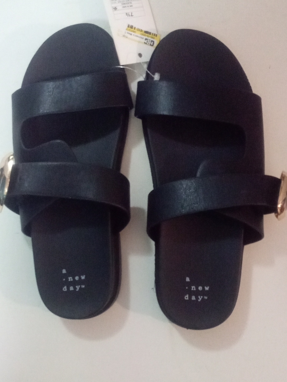 a new day Black Double Strap Slide Sandals  7 1/2 Meg NWT $35 Gold Buckle